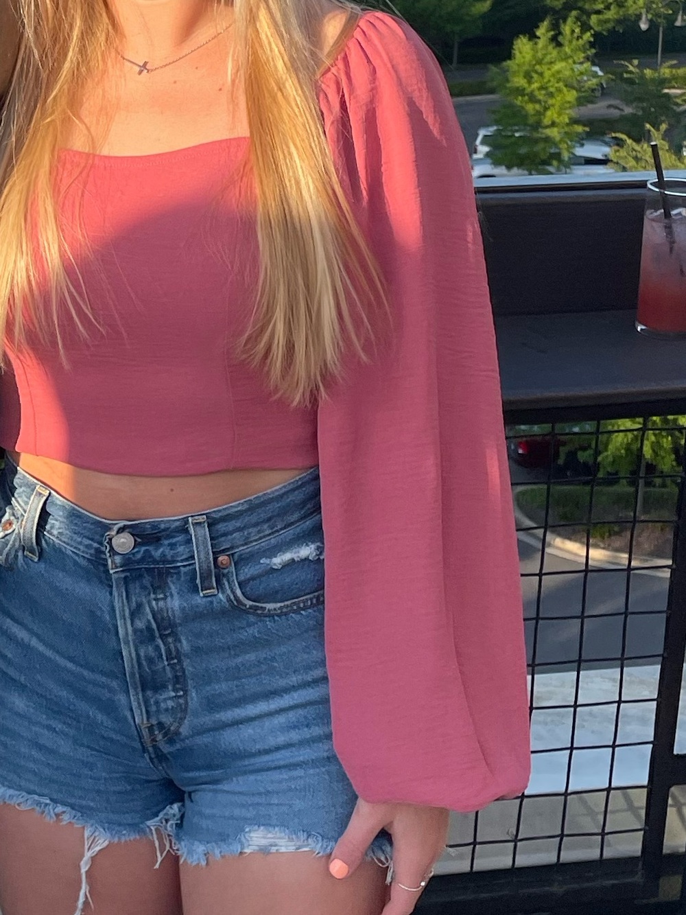 Altar'd State Rose Pink Square Neck Long Puff Sleeve Crop Top